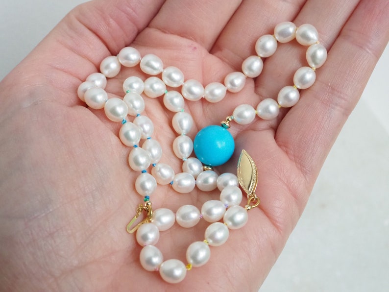 White Pearl Choker, Pearls and Turquoise necklace, Gold Pearl Necklace, Knotted Pearls 14k, Wedding Necklace, Rainbow Silk Pearls image 5