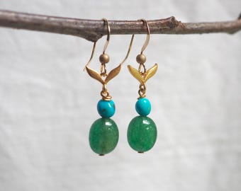 Colorful Green Quartz and Blue Turquoise Gold Drop Earrings, Handmade in USA