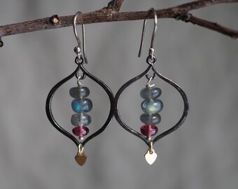 Labradorite Earrings, Silver Drop Earrings, Labradorite Dangle Earrings, Dark Labradorite, Labradorite and Garnet, Labradorite Drop Earrings