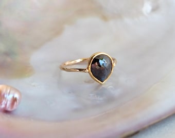 Natural Pear Shape Rose Cut Black Diamond Solitaire Ring, Handmade Solid 22k & 14k Gold Size 7