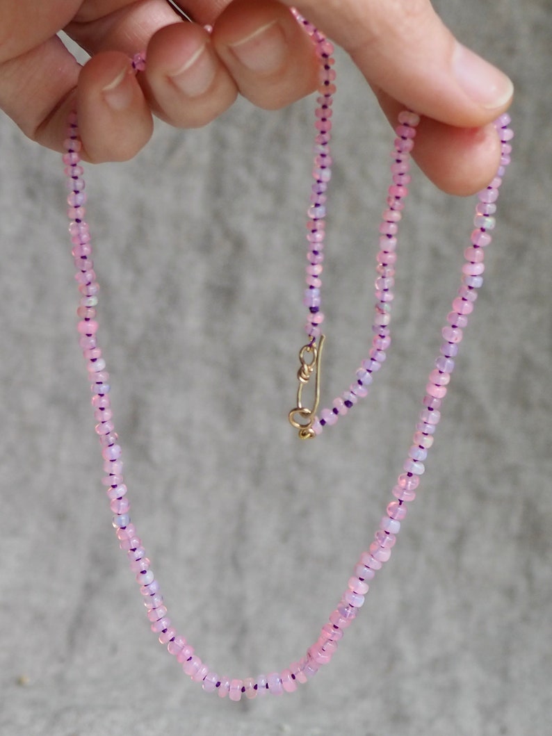 Pink Opal Necklace Gold Hand-Knotted Purple Silk, Candy Style Beads, Gem Candy Necklace, Rainbow Opal, Pastel Gem Beaded Layering Necklace image 7