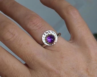Hand Stamped Mixed Metal Ring with Rose Cut Amethyst, Sterling Silver and 14k Gold