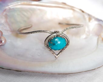 Sterling Silver Peacock Feather Cuff Bracelet with Blue Turquoise