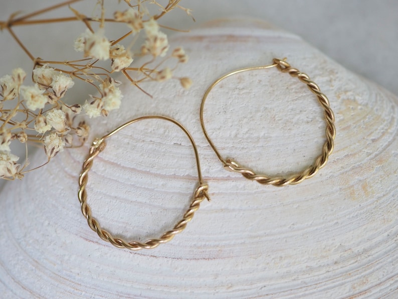 Solid 14k Gold Hoops, Hand Twisted Hoops, Medium Size Round Earrings, 14k Gold Earrings, Ancient Earrings, 1 inch Hoops, Handmade Gold Hoops image 2