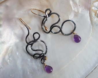 Mismatched Coiling Snake Earrings, Oxidized Sterling Silver and 14k Gold Amethyst Serpents