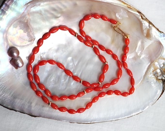 Italian Red Coral Rice Beads Hand Knotted on Red Silk, 14k Gold Clasp and Accents, 18” Layer Sardinian Coral
