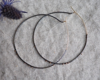 Large Silver and Gold Hoops, Mixed Metal Earrings, Dark Silver and Gold, Dark Silver Hoops, Textured Hoops, 14k Gold Dots, Thin Round Hoops