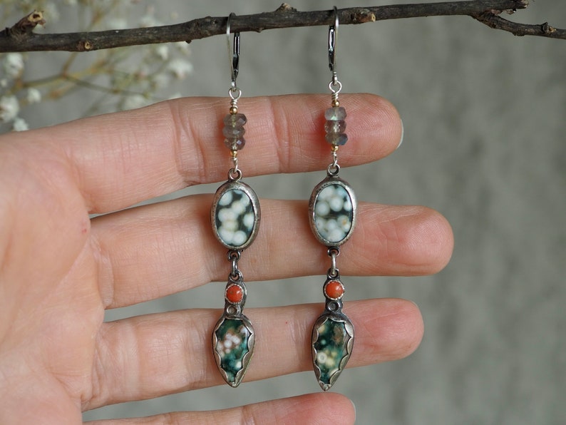 Long Ocean Jasper Earrings, Long Ocean Jasper Drops, Ocean Jasper Drop Earrings, Multi Stone Earrings, Long Drop Earrings, Nature Jewelry image 6