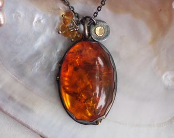Large Baltic Amber Pendant Necklace: 14k Gold, Sterling Silver Sun Charm & Citrine Dangle