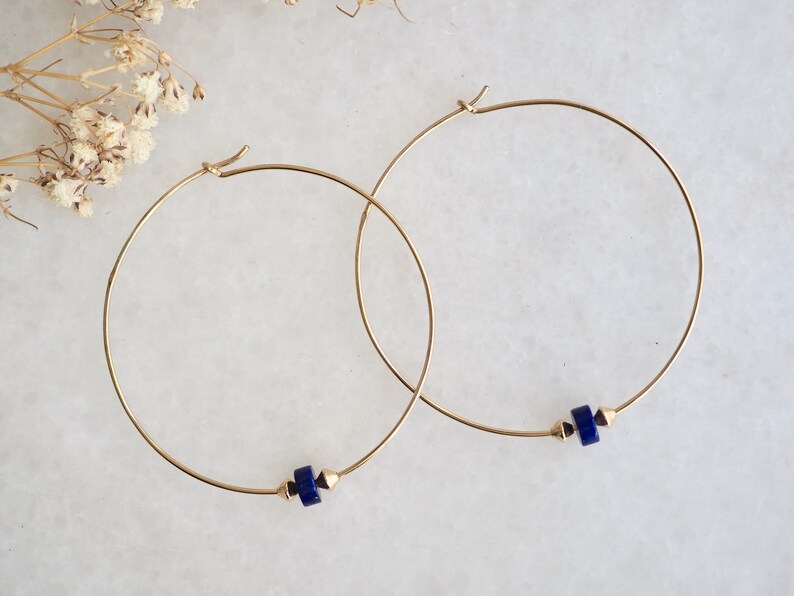 Large Gold Hoops, Gold Earrings, Lapis Hoops, Thin Gold Hoops, Gold Lapis Earrings, 2 Inch Gold Hoops, Gold Hoop Earrings, Minimal Earrings image 6