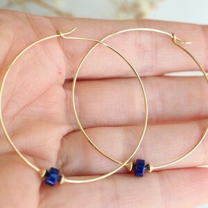 Large Gold Hoops, Gold Earrings, Lapis Hoops, Thin Gold Hoops, Gold Lapis Earrings, 2 Inch Gold Hoops, Gold Hoop Earrings, Minimal Earrings image 3