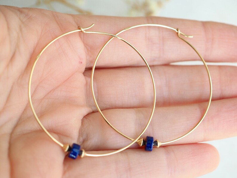 Large Gold Hoops, Gold Earrings, Lapis Hoops, Thin Gold Hoops, Gold Lapis Earrings, 2 Inch Gold Hoops, Gold Hoop Earrings, Minimal Earrings image 3
