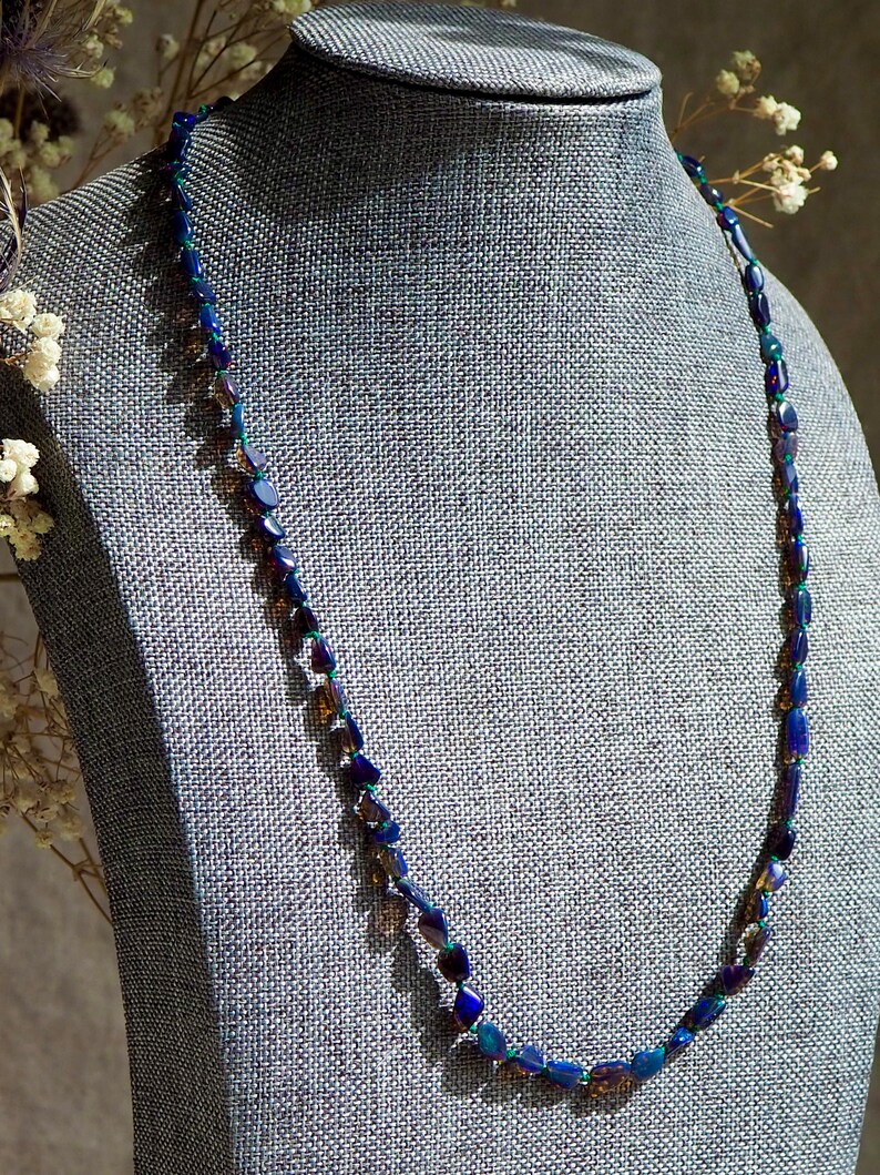 Opal Nugget Necklace Gold Hand-Knotted Silk, Candy Style Beads, Gem Candy Necklace, Graduated Black Opal, Dark Blue Opal Layering Necklace image 9