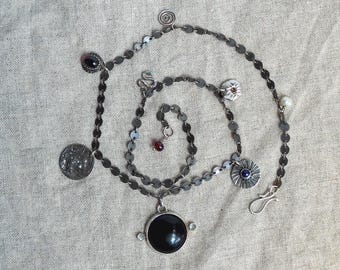 Multi Charm Necklace with Onyx, Lapis Lazuli, Garnet, Pearl and Dark Silver Chain