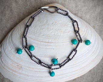 Handmade Darkened Sterling Silver Paperclip Chain Bracelet with Turquoise Dangles