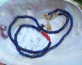 Vivid Dark Blue Lapis Lazuli & Red Sardinian Coral Beaded Necklace  with Gold Filled Lobster Clasp 16"-17.5" Adjustable Length