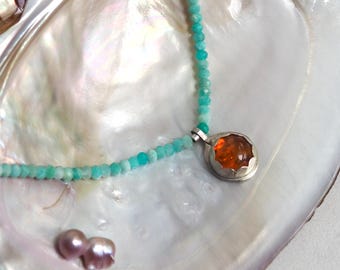 Baltic Amber Pendant with Amazonite Beaded Necklace and Sterling Silver Toggle Clasp