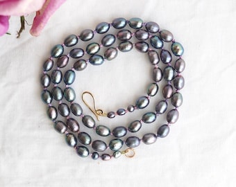 Hydrangea Necklace, Knotted Silk Peacock Pearls 14k Clasp