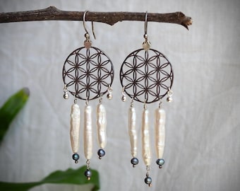 Flower of Life Sacred Geometry Sterling Silver Dreamcatcher Earrings with White Biwa Pearls