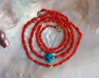 Natural Red Italian Coral Necklace with 18k Gold Beads and Blue Turquoise Clover