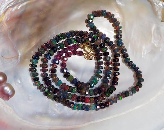 Faceted Black Fire Opal and Ruby Necklace Hand Knotted on Silk with Gold Clasp