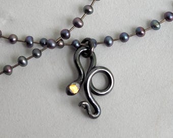 Sterling Silver and 24k Gold Serpent Pendant with 18"Peacock Pearl Necklace