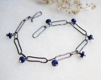 Darkened Silver and Lapis Lazuli Paperclip Bracelet