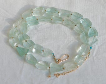 Natural Baby Blue Aquamarine Crystal Necklace with Chunky Faceted Nugget Beads & Gold Accents