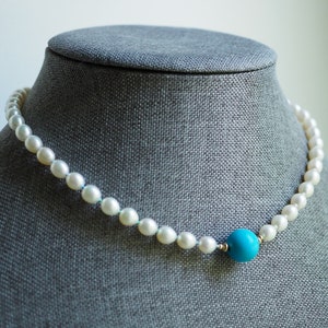 White Pearl Choker, Pearls and Turquoise necklace, Gold Pearl Necklace, Knotted Pearls 14k, Wedding Necklace, Rainbow Silk Pearls image 8
