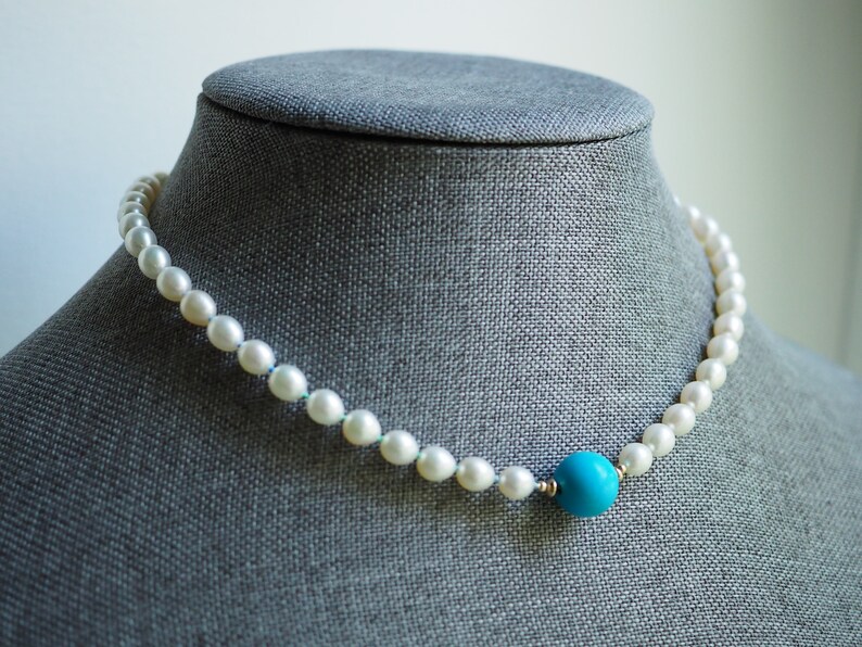 White Pearl Choker, Pearls and Turquoise necklace, Gold Pearl Necklace, Knotted Pearls 14k, Wedding Necklace, Rainbow Silk Pearls image 8