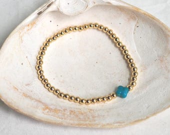 Gold Filled Beaded Stretch Bracelet Carved Turquoise Lucky Clover