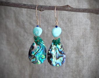 Lone Mountain Turquoise Earrings with Emeralds and Rainbow Abalone Shell