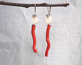 Red and White Japanese Momo Coral Branch Dangle Earrings