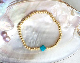 Stretchy Gold Beaded Bracelet with Carved Turquoise Lucky Clover