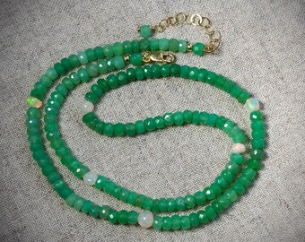 Cheerful Green Faceted Chrysoprase and Rainbow Ethiopian Fire Opal Necklace