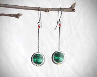 Malachite and Opal Pendulum Earrings with Gold Dots
