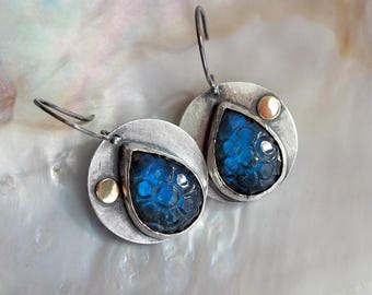 Moon Flower Earrings with Carved Blue Labradorite,  Mixed Metal Silver & 14k Gold