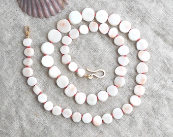 Japanese Precious White Coral Disc Necklace, Hand Knotted 19” Long