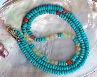 Mixed Gem Necklace with Kingman Turquoise, Red Coral & Opal, 14k Gold Clasp, 21" Long