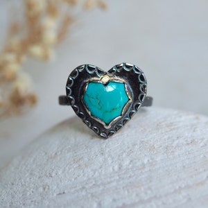 Turquoise Heart Ring, Silver Heart Ring, Stamped Heart Ring, Blue Heart, Kingman Turquoise, Dark Silver Ring, American turquoise, Love Ring image 3