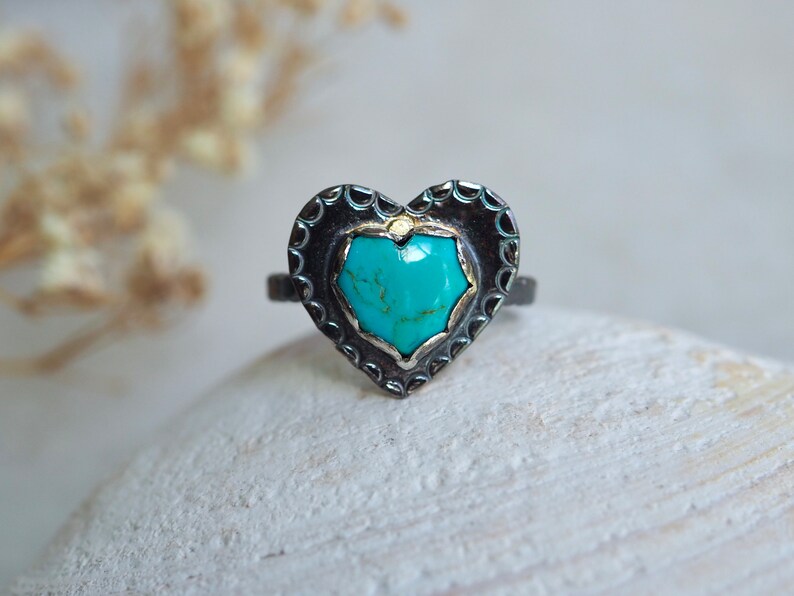 Turquoise Heart Ring, Silver Heart Ring, Stamped Heart Ring, Blue Heart, Kingman Turquoise, Dark Silver Ring, American turquoise, Love Ring image 3
