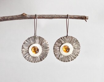 Handmade Sterling Silver and  Citrine Daisy Flower Earrings