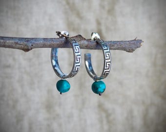 Sterling Silver Greek Key Meander Open 3/4 Hoop Earrings with Turquoise