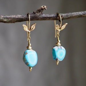 14k Turquoise Earrings, Golden Hills Turquoise Dangle, Lavender Turquoise Nugget, Small Dangle Earrings, Freeform Mismatched Gold Earrings image 3