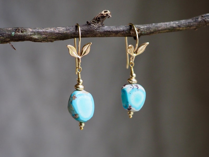 14k Turquoise Earrings, Golden Hills Turquoise Dangle, Lavender Turquoise Nugget, Small Dangle Earrings, Freeform Mismatched Gold Earrings image 3