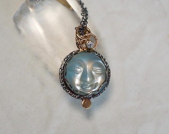Moonstone Luna Pendant with Diamond Dangle, Mixed Metal Silver 14k & 18k Gold