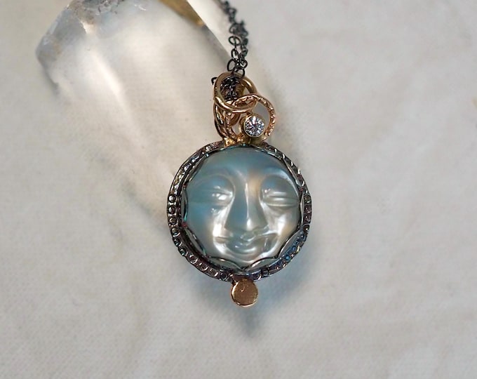 Featured listing image: Moonstone Luna Pendant with Diamond Dangle, Mixed Metal Silver 14k & 18k Gold
