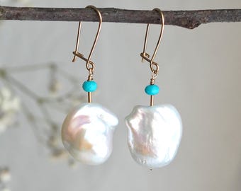 Jumbo Iridescent Baroque Pearl and BlueTurquoise Gold Earrings
