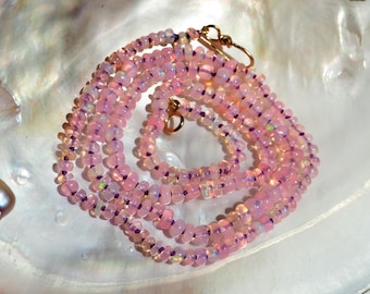 Pink Fire Opal Necklace Hand-Knotted Candy Style on Purple Silk with Gold Clasp