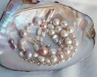Mixed Freshwater Pearl Necklace Hand Knotted on Red Silk, Sterling Silver Clasp, 18-20" Length